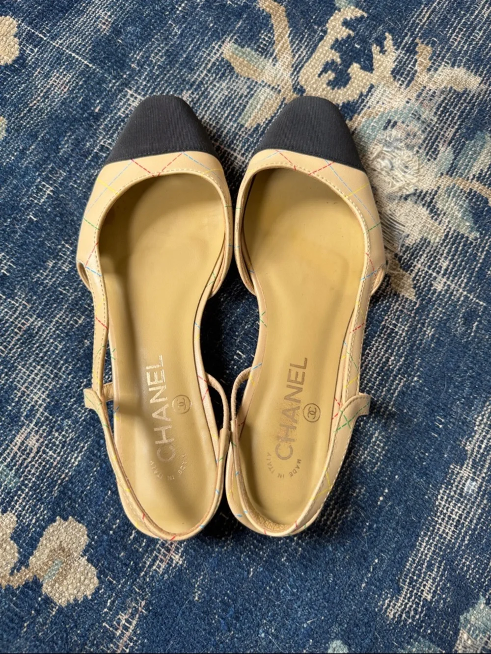 CHANEL Beige Leather Slingback Flats with Black Cap Toe - Picture 3 of 3